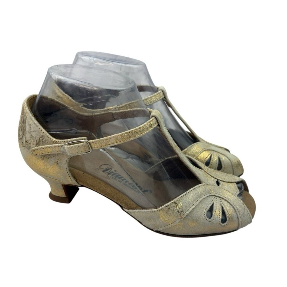 Diamant T-Strap Dance Shoes Girls Youth 3.5 Gold Metallic Leather Tango Salsa - Picture 7 of 16